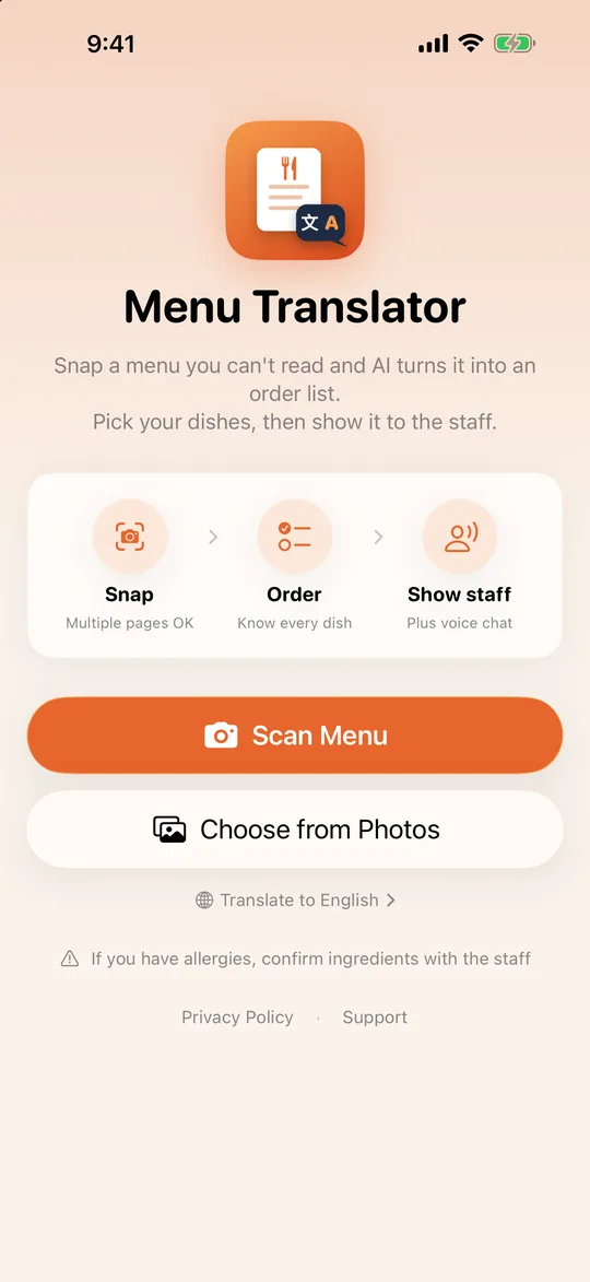 Menu Translator home screen: scan a menu, order, show the staff