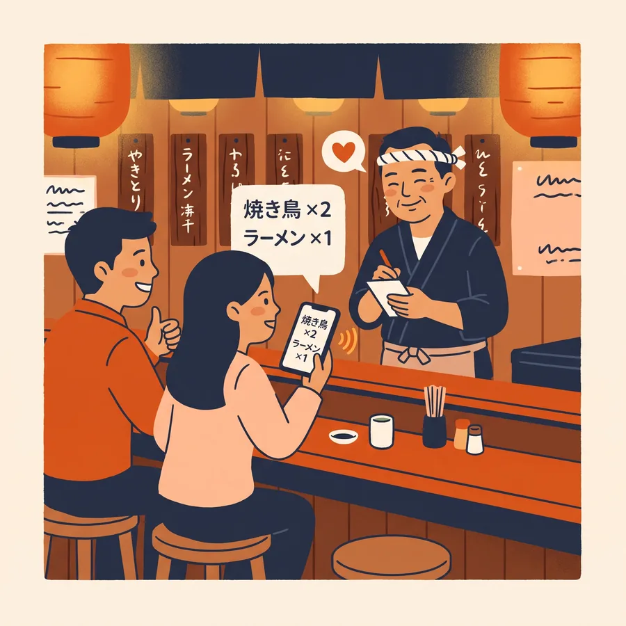 旅客拿着手机给服务员看，服务员笑着记下点餐
